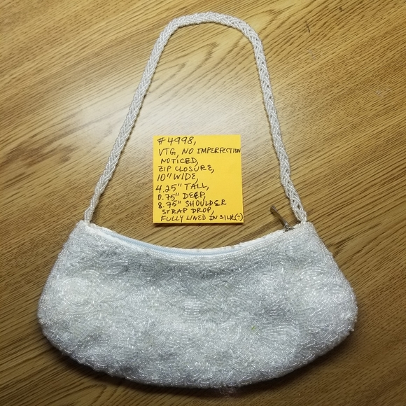 #4998 VTG White Hand Beaded Silk Lined   Purse Handbag - Picture 5 of 9